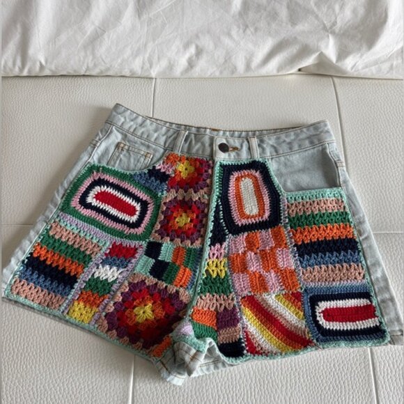 Farm Rio: Multicolor Crochet Patchwork Jean Shorts - Picture 3 of 6